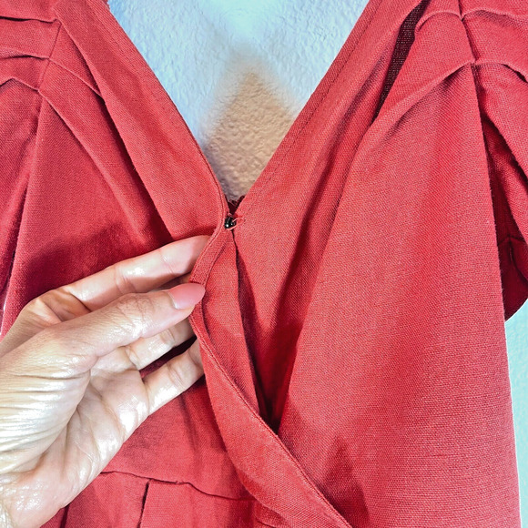 Womens Linen Blend Romper Size S Red Puff Sleeve Romantic Beachy Event Travel - Picture 6 of 11